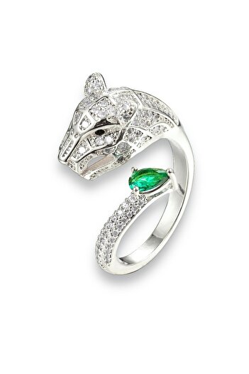 neslyaccessories Silver Renk Beyaz Altın Kaplama Zümrüt Taş Detaylı Kaplan Yüzük
