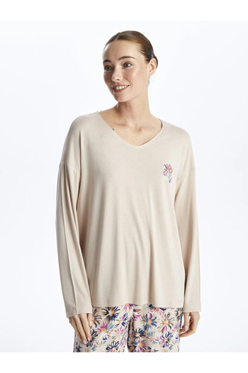 LC Waikiki LCW DREAM Damen-Pyjama-Set mit V-Ausschnitt, Blumenmuster, langen Ärmeln