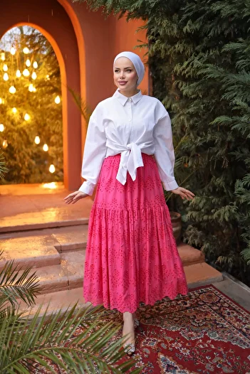 PİNK FLY Embroidery Lace Scallop Pearl Women's Skirt
