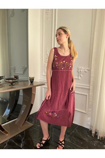 Bohemian Kadın Organik Kolsuz Nakışlı Uzun Otantik Elbise