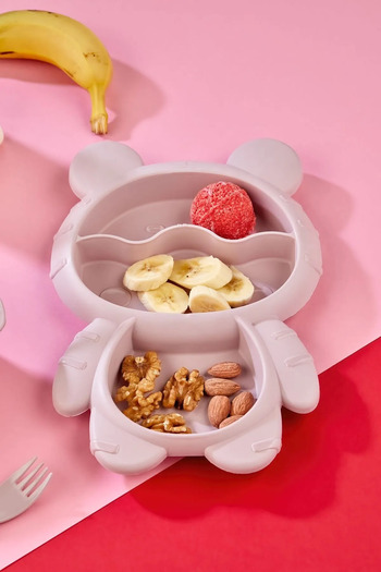 MorBebe 4 Piece Food Plate Set 3 Compartments Teddy Bear Shaped Fun Food Plate and Fork Spoon Bowl Set