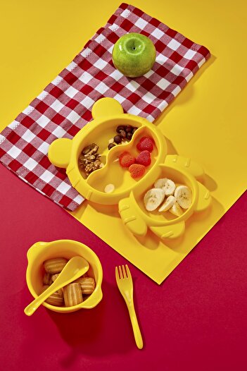 MorBebe 4 Piece Food Plate Set 3 Compartments Teddy Bear Shaped Fun Food Plate and Fork Spoon Bowl Set