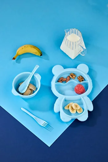MorBebe 4 Piece Food Plate Set 3 Compartments Teddy Bear Shaped Fun Food Plate and Fork Spoon Bowl Set