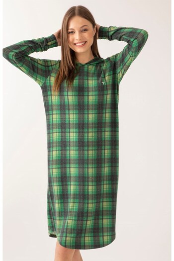 Pamuk & Pamuk Green Color Plaid Hooded Women's Nightgown
