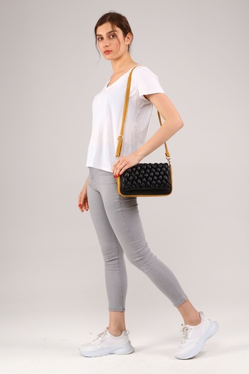 Morpelikan Women's Quilted Embroidered Black Mustard Color Shoulder Bag with Adjustable Shoulder Strap