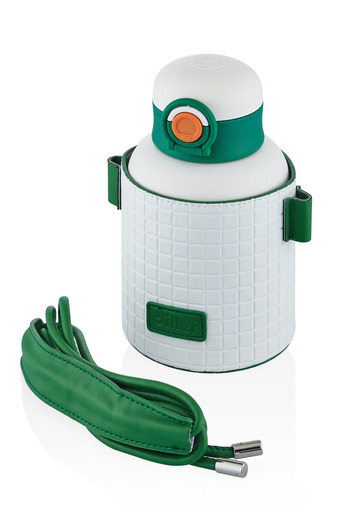 DILLER 680ml Fashion Waffle Striped Leather Case Straw Strap Lockable Lid Steel Thermos Flask