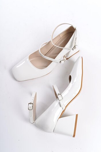Modabuymus Kulia White Patent Leather Mary Jane Thick Heeled Blunt Toe Strap Shoes