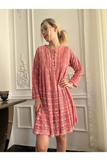 Bohemian Kadın Pembe Etek Ucu Fırfırlı Uzun Kollu Dantelli Çan Elbise