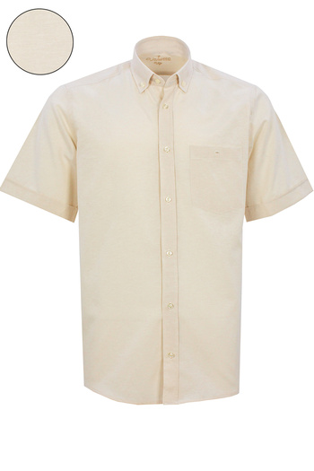Varetta Men's Beige Cotton Short Sleeve Pocket Collar Buttoned Classic Cut Shirt