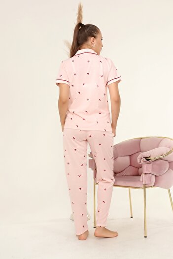 LadyMina Pijama Pembe Bordo Kalpli Ikili Pijama Takımı