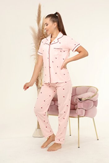 LadyMina Pijama Pembe Bordo Kalpli Ikili Pijama Takımı