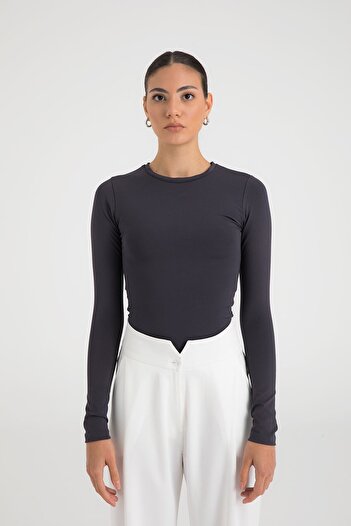SHEISMONO Soft Touch Round Neck Blouse Smoked