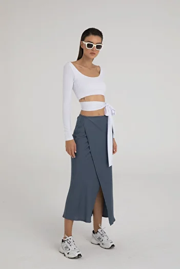SHEISMONO Midi Wrap Satin Skirt Smoked