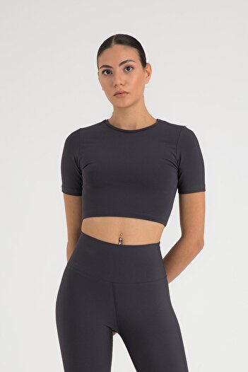 SHEISMONO Soft Touch Round Neck Short Sleeve Crop Top Smoked