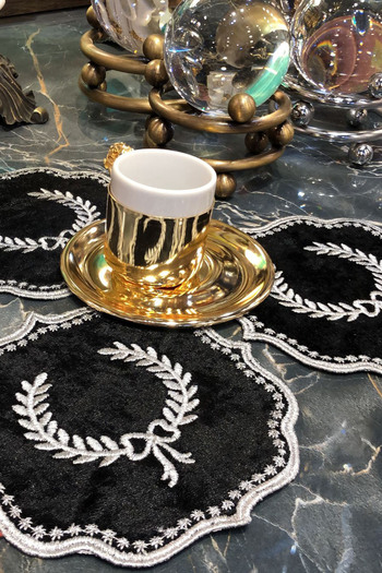 Bonny Home Arma Black Gray 6-Piece Cocktail Coffee Presentation Napkin Maras Work Glaze Embroidery Embroidered Gardenia Presentation Bowl