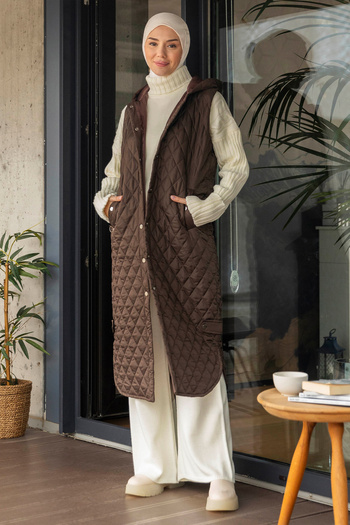 Minel Women's Brown Hooded Long Puffer Vest with Slit Detail