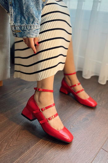 POLKA STORE Women's Mary Jane Red Patent Leather Closed Back Three-Striped Square Toe Helmet Short Block Heeled Shoes