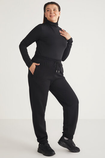 ETHIQUET Γυναικείο παντελόνι Fleece Comfort Fit Lenkabb με ελαστική μέση και πόδι σε μαύρο μεγάλο μέγεθος