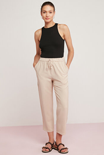 ETHIQUET Berta Women's Bengalin Fabric Waist Corded Pipe Leg Jogger Beige Trousers