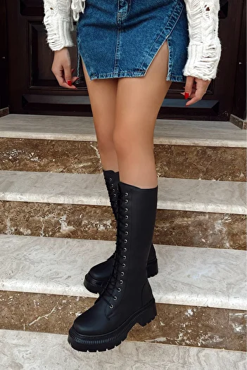 POLKA STORE Γυναικείες μπότες Hailey με λεπτομέρεια με κορδόνια μακριά με φερμουάρ Μαύρες έξτρα ματ δερμάτινες μπότες