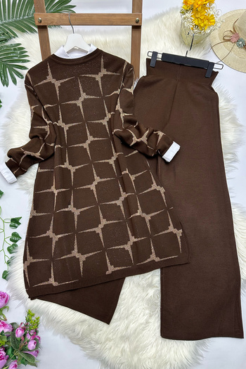 MODAQU Elegance Glittery Πλεκτό Σετ Hijab - Καφέ