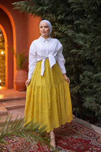 PİNK FLY Embroidery Lace Scallop Pearl Women's Skirt