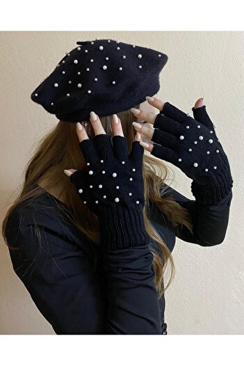sema aksesuar Black Color Handmade French Painter Beret with Pearls and Cut Fingers Gloves Set - Hat - Gift