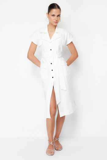 Trendyol Collection Ecru Belted Wide Fit Gabardine Midi Shirt Dress TWOSS24EL00227