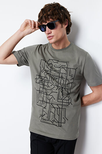 Trendyol Collection Khaki Slim Fit Printed Cotton T-Shirt - TMNSS20TS0088