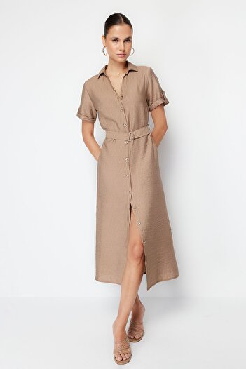 Trendyol Collection Mink Belted Midi Woven Shirt Dress TWOSS24EL00226