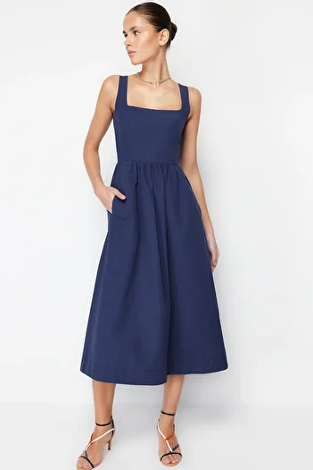 Trendyol Collection Rochie țesută cu corset midi cu talie indigo, cu detaliu de cusut TWOSS24EL00038