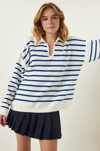 Happiness İstanbul Pulover de damă, Blue Bone, cu gât polo, tricotat, US00293