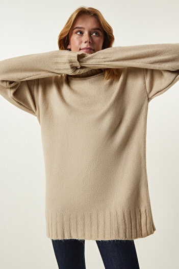 Happiness İstanbul Pulover de damă din tricot cu textura moale, bej, cu guler vertical KI00095