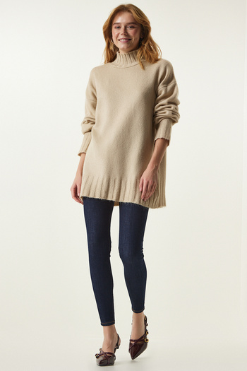 Happiness İstanbul Pulover de damă din tricot cu textura moale, bej, cu guler vertical KI00095