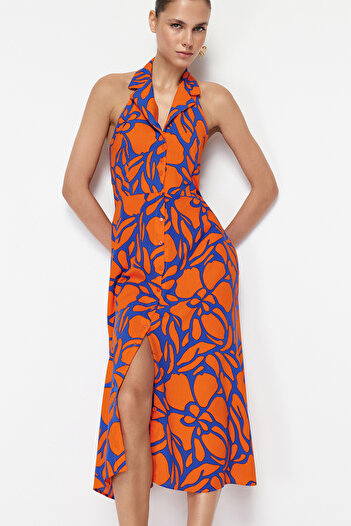Trendyol Collection Πορτοκαλί Floral Viscose Midi υφαντό φόρεμα με γιακά πουκαμίσου TWOSS24EL00455