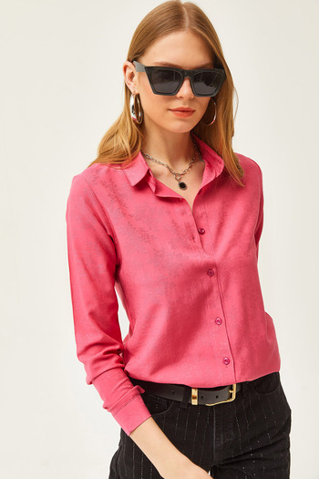 Olalook Női virágos fukszia jacquard szatén részletes szövésű ing GML-19001173
