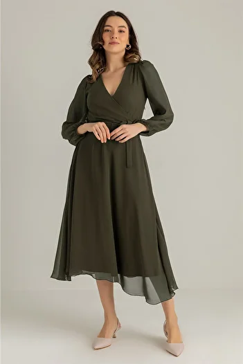 Elbise Delisi Khaki Balloon Sleeve Double Breasted Midi Length Chiffon Lined Plus Size Dress Sk