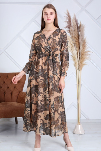 Elbise Delisi Women's Ethnic Cream Color Ethnic Pattern Double Breasted Collar Plus Size Chiffon Dress