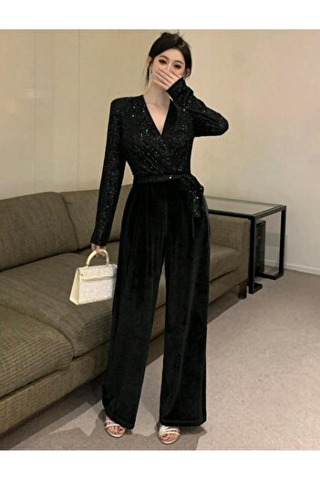 Styling Park Payet ve Kadife Kadın Şık Tulum Davet Balo Düğün
