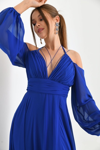 lovebox Lined Chiffon Fabric Slit Detailed Back Low-cut Maxi Length Saks Blue Evening Dress 9289