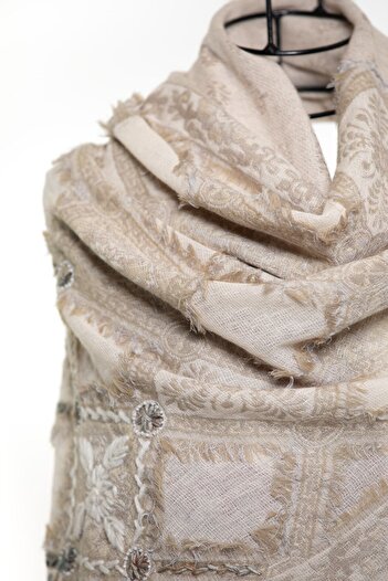 CASHMERE AND SİLK MAWLANA 100% Washed Wool Embroidered Shawl