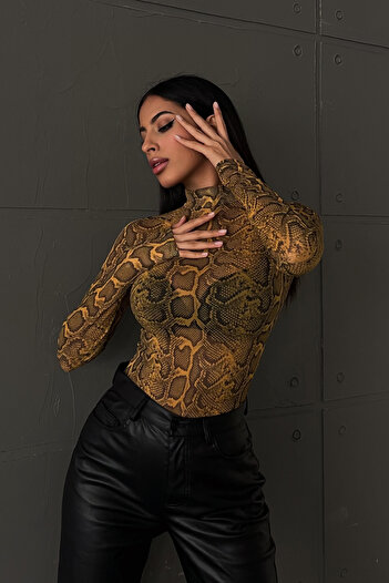 Bipantolon Women's Mustard Snake Patterned Tulle Transparent Blouse