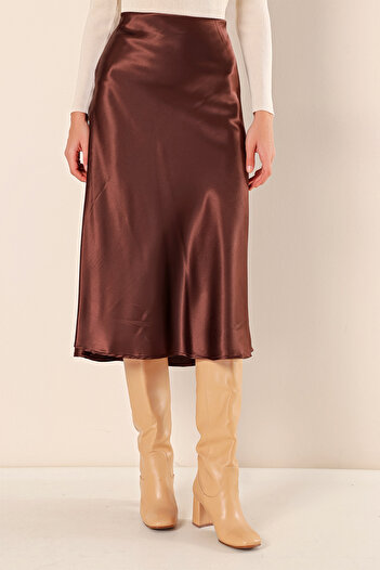 Z GİYİM Women's Brown Ankle Length Satin Skirt