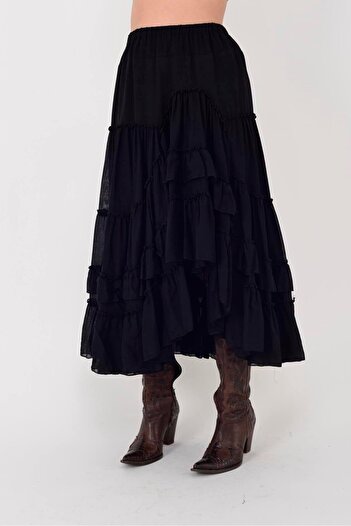 Hazinedan Special Design Raw Women's Ethnic Model Lined Italian Black Authentic Long Layered Skirt