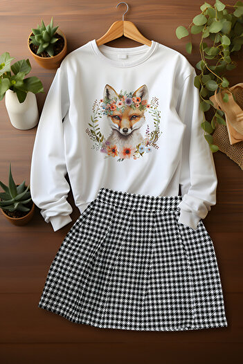 ADA BEBEK ÇOCUK Cute Patterned Sweat Skirt Set with Stylish Plaid Skirt