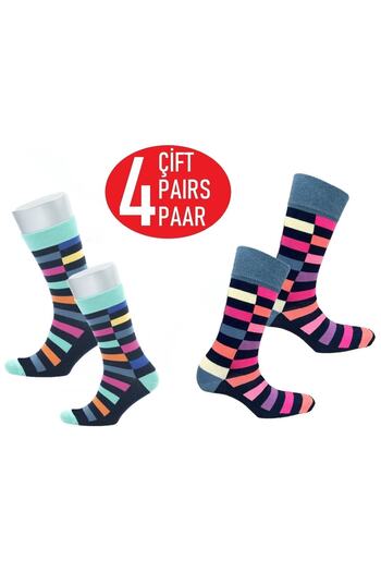 HAPPYBODY SOCKS Organic Men's 4-Piece Socket Geometric Patterned Washed Fabric Seamless Nose Finish