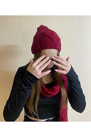 sema aksesuar Women's Winter Burgundy Color Patterned Pompom Beret and Scarf Set 2 Pieces - Hat - Valentine's Day Gift