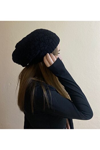 sema aksesuar Women's Winter Black Color Patterned Beret and Scarf Set 2 Pieces - Hat - Valentine's Day Gift