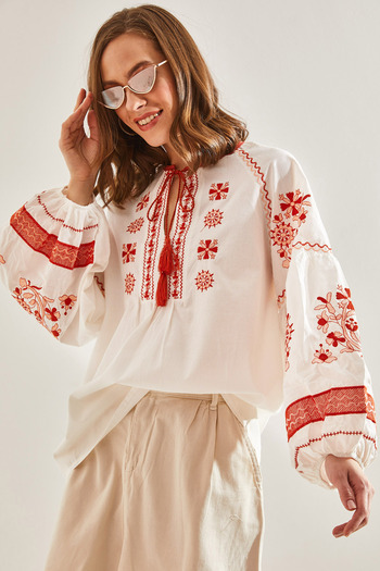 Bianco Lucci Women's Embroidered Patterned Tie-Up Blouse