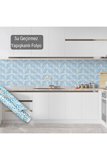 Dekoros Çini Desenli Yapışkanlı Folyo, Su Geçirmez Sticker, Masa Dolap Mobilya ve Yüzey Kaplama Kağıdı 0701
